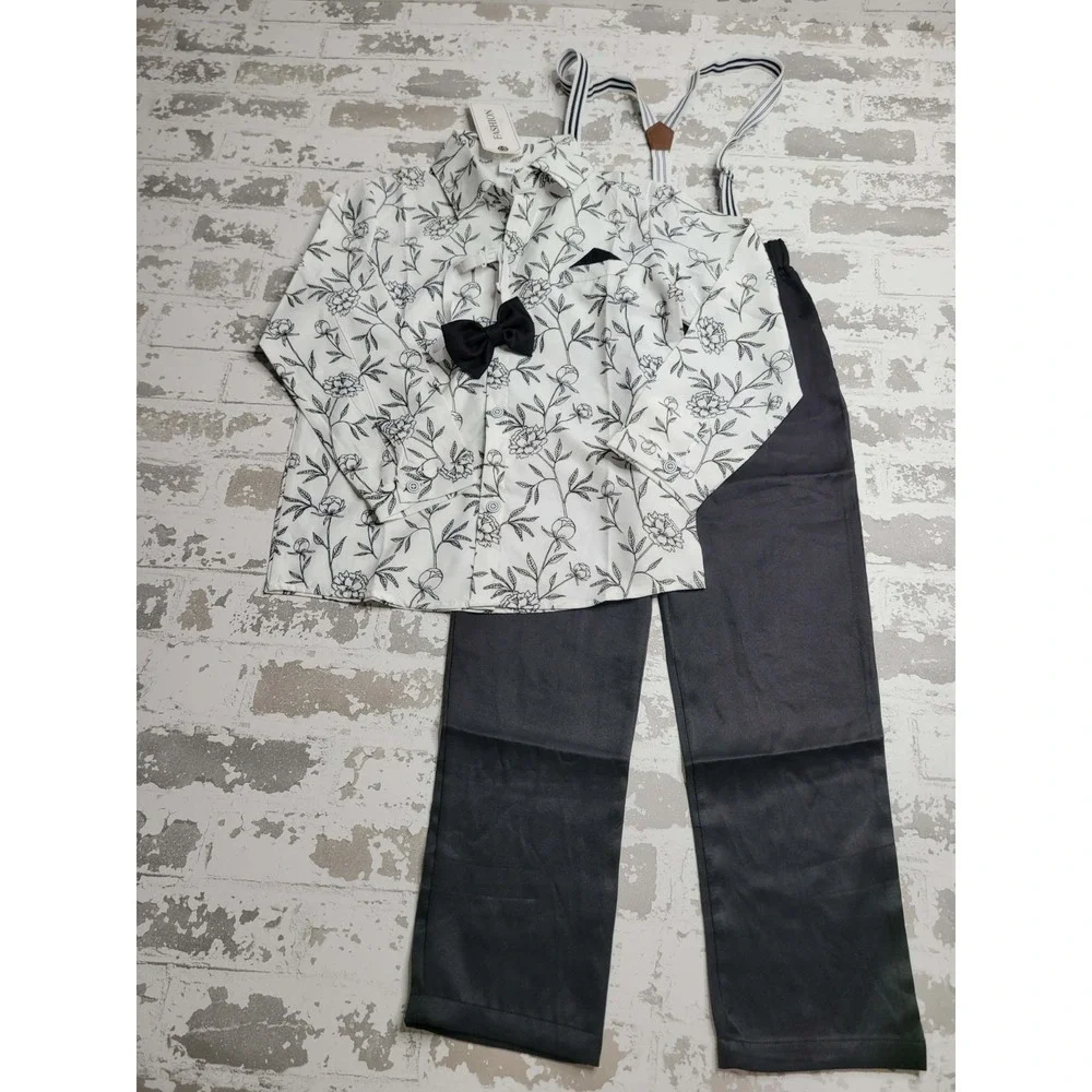 Boy's Suit Ring Bearer Dress Shirt‎ Pants Suspender Tie 7-8 NEW NWT Formal Black